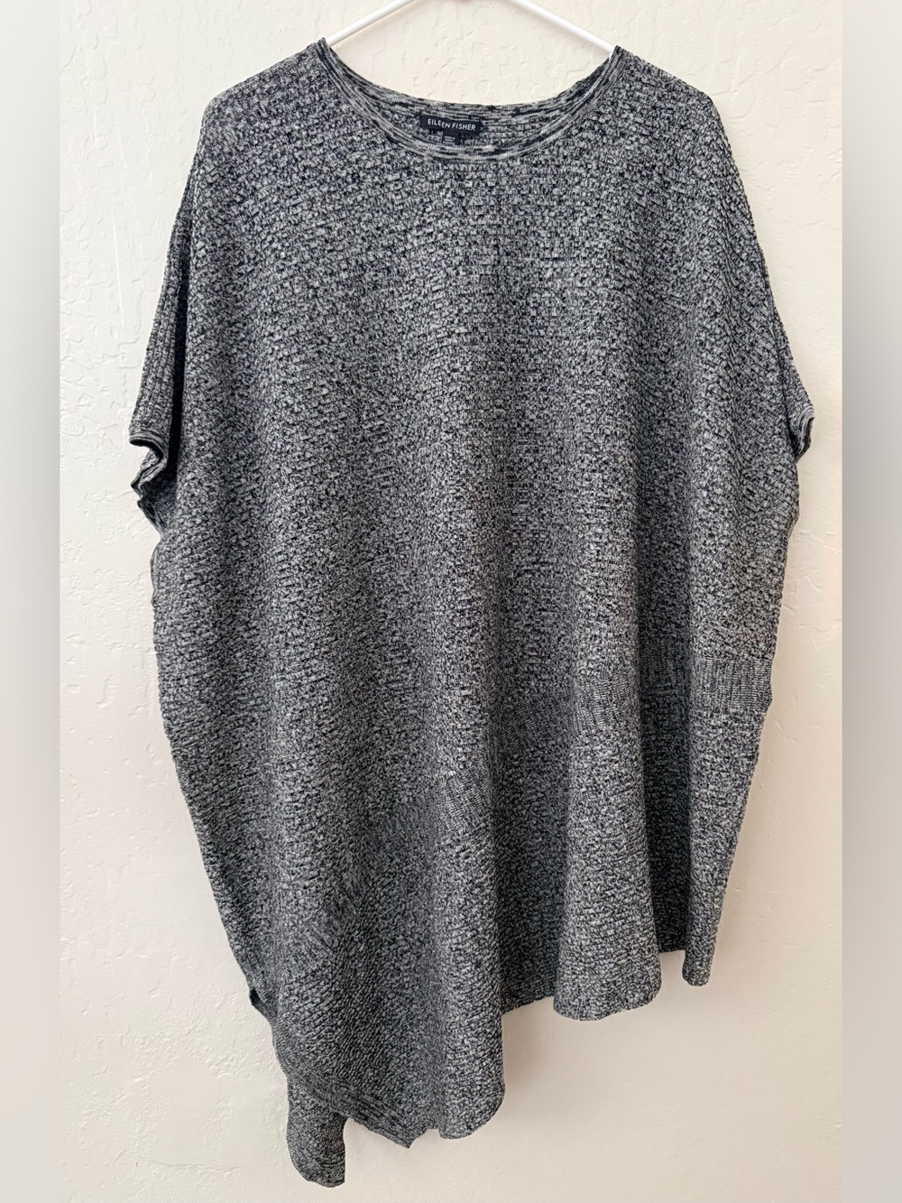 Eileen Fisher L/XL Hemp Blend Marled Knit Poncho Tunic Oversized Gray Black